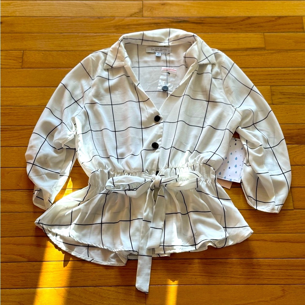 White Plaid Button-Up Blouse
